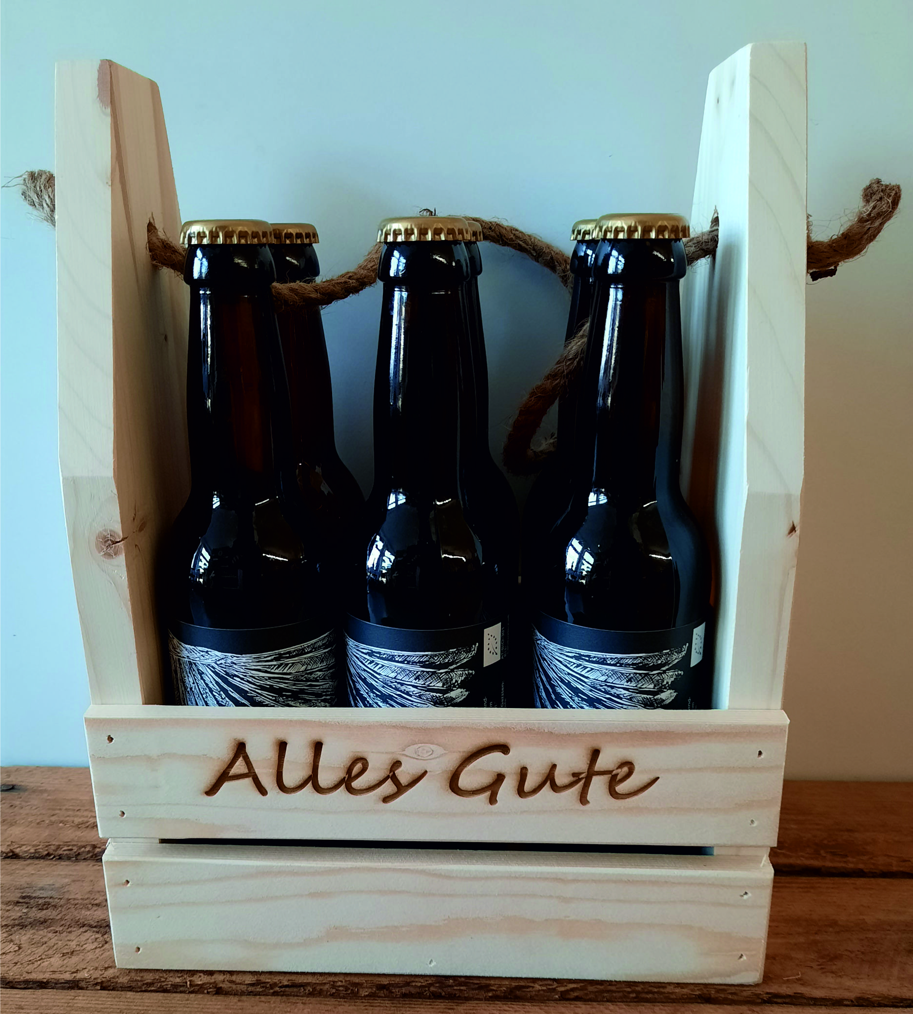 Holztragerl für 6 Flaschen 0,33 Alles Gute