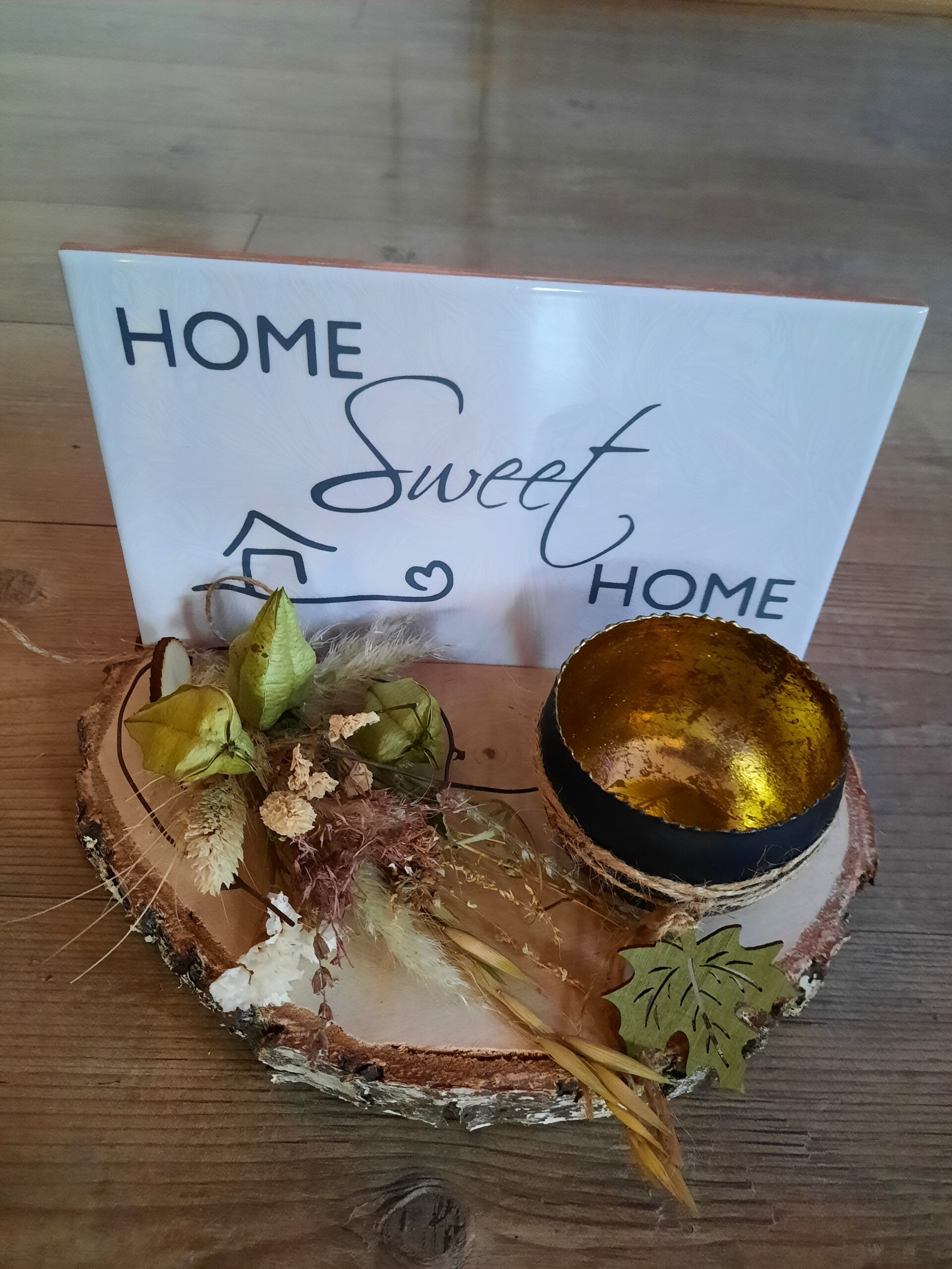 Fliese bedruckt auf Holz mit Deko inkl. Teelichthalter