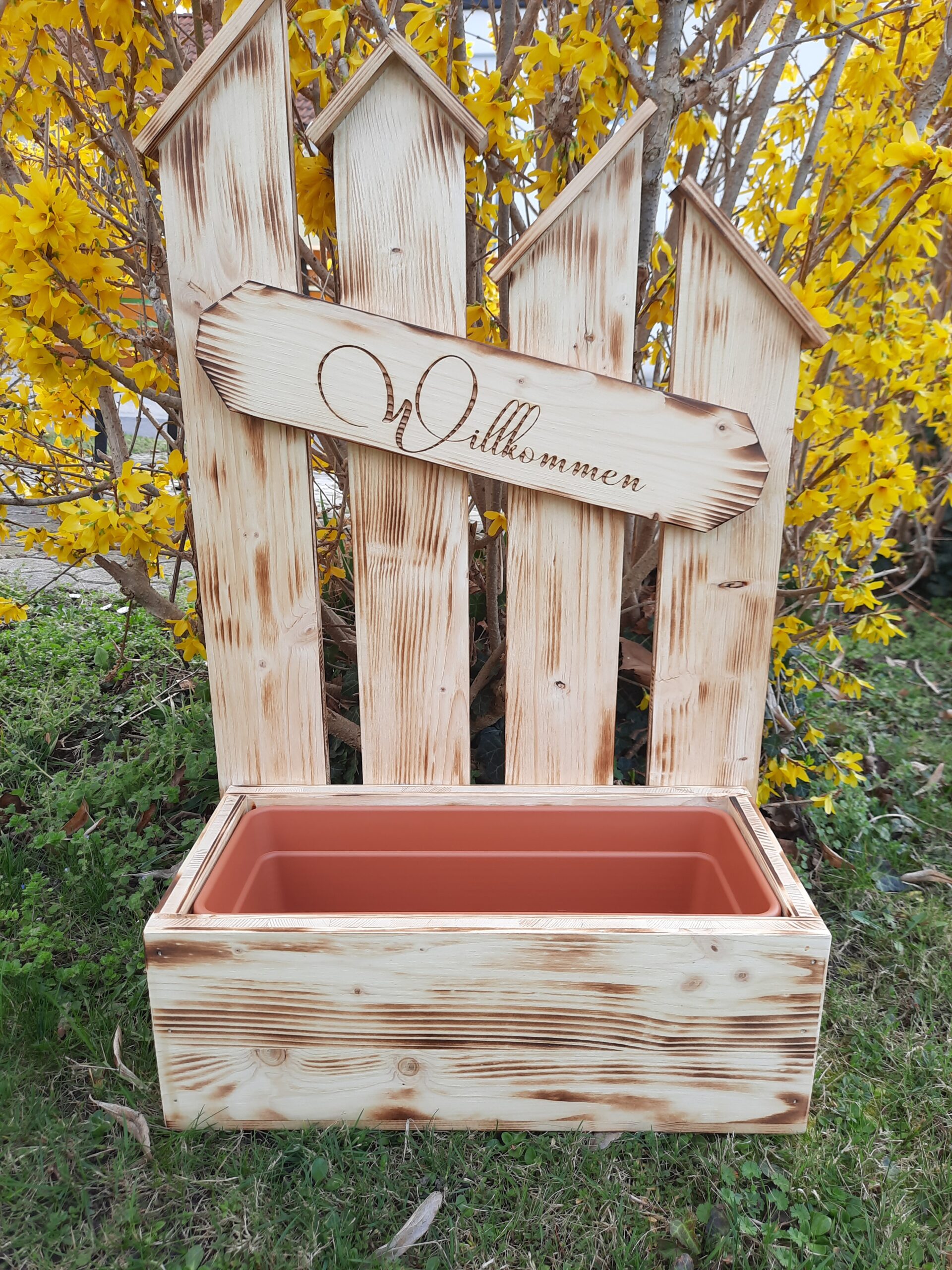 Holzaufsteller mit Blumeneinsatz Zaunoptik