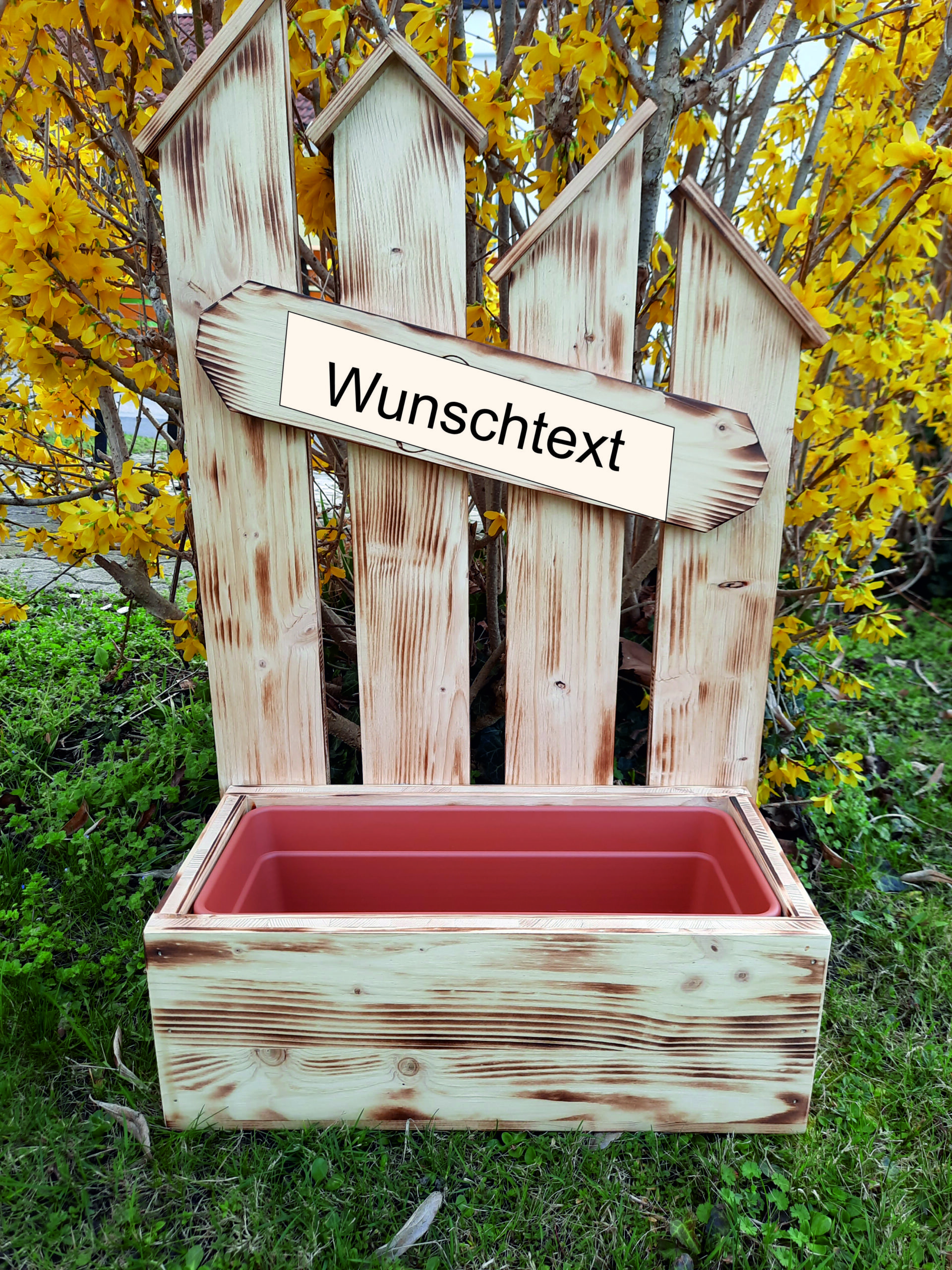 Holzaufsteller mit Blumeneinsatz Zaunoptik  mit Wunschtext