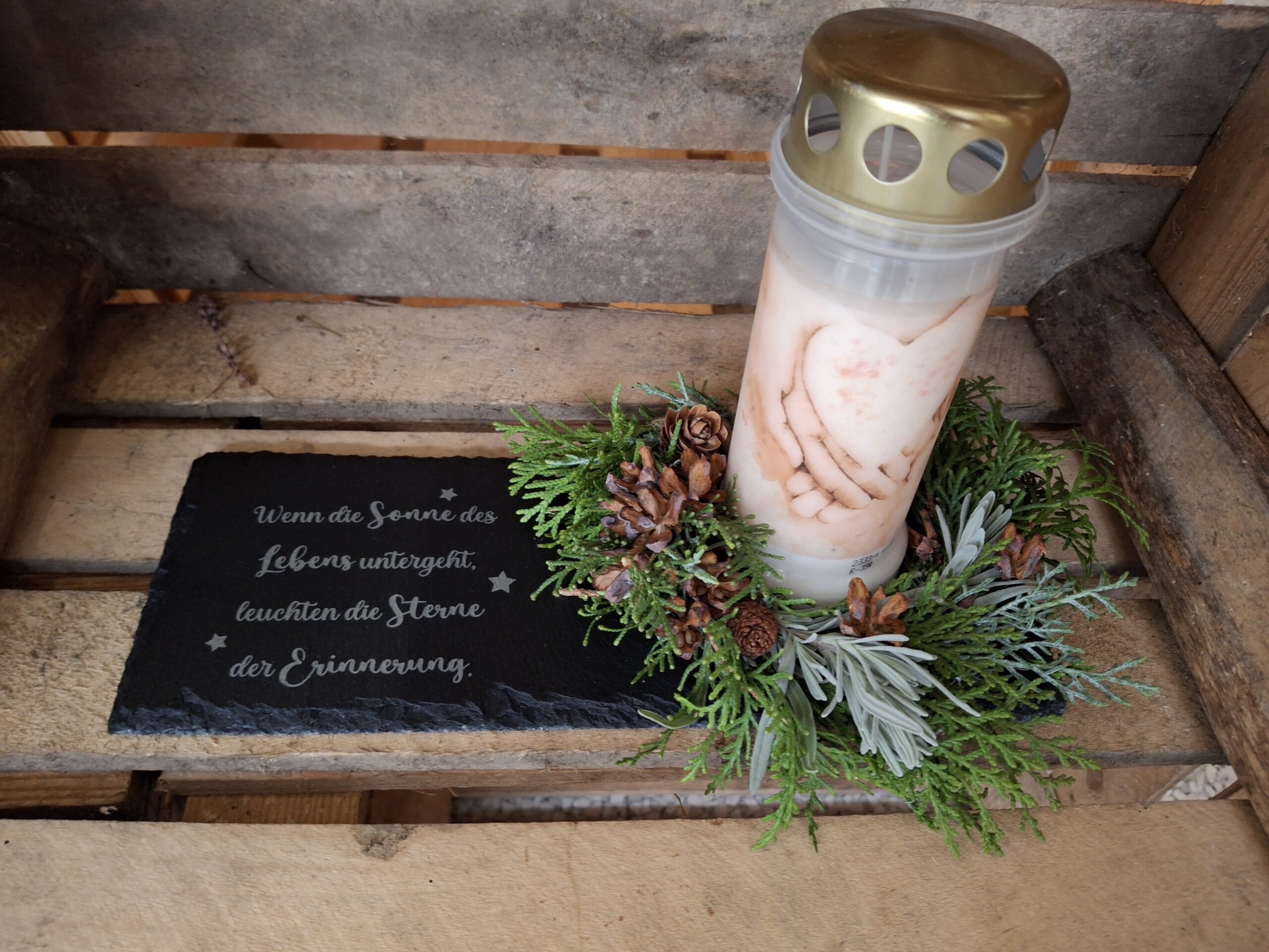 Schieferuntersetzer graviert für Grabdeko - Wenn die Sonne des Lebens untergeht,...