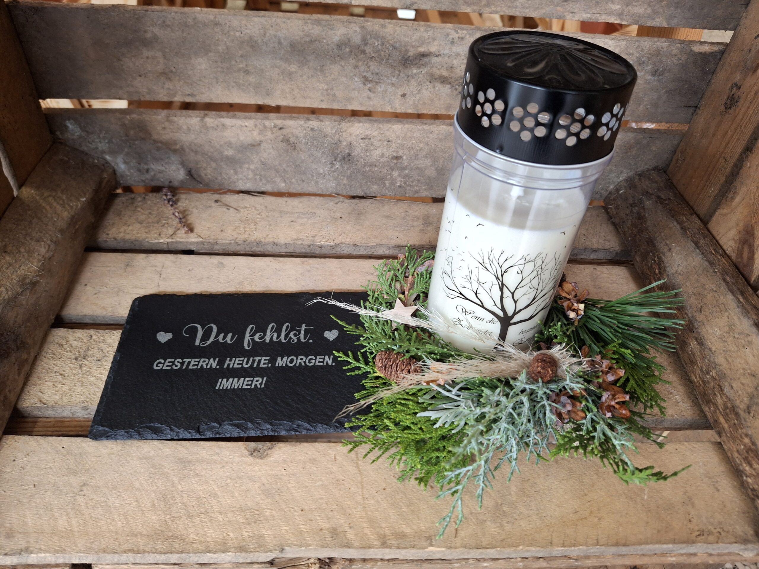 Schieferuntersetzer graviert für Grabdeko - Du fehlst